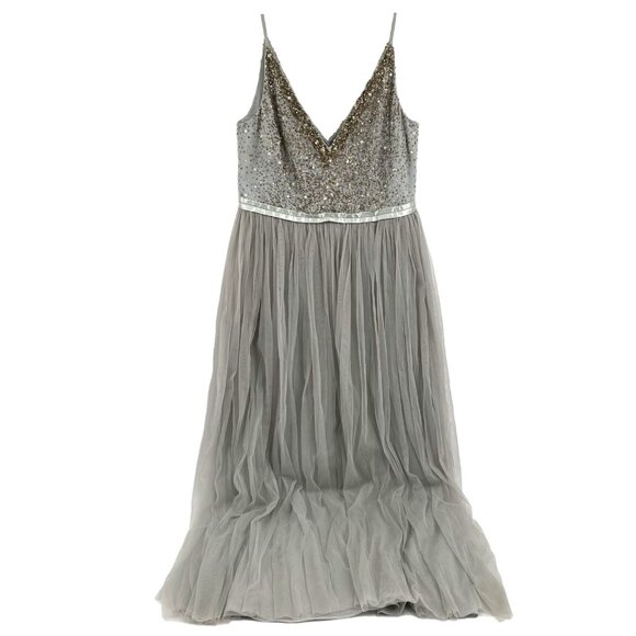 BHLDN Dresses & Skirts - BHLDN Gray Gold Beaded Tulle Maxi Dress | Size 14